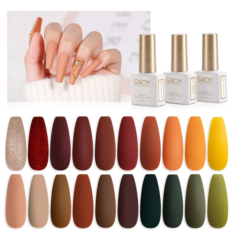 GAOY 23 Pcs Gel Nail Polish Set, Fall Brown Red Green Glitter Colors, UV Light Cure Gel Nail Kit with Glossy & Matte Top Coat and Base Coat for Salon