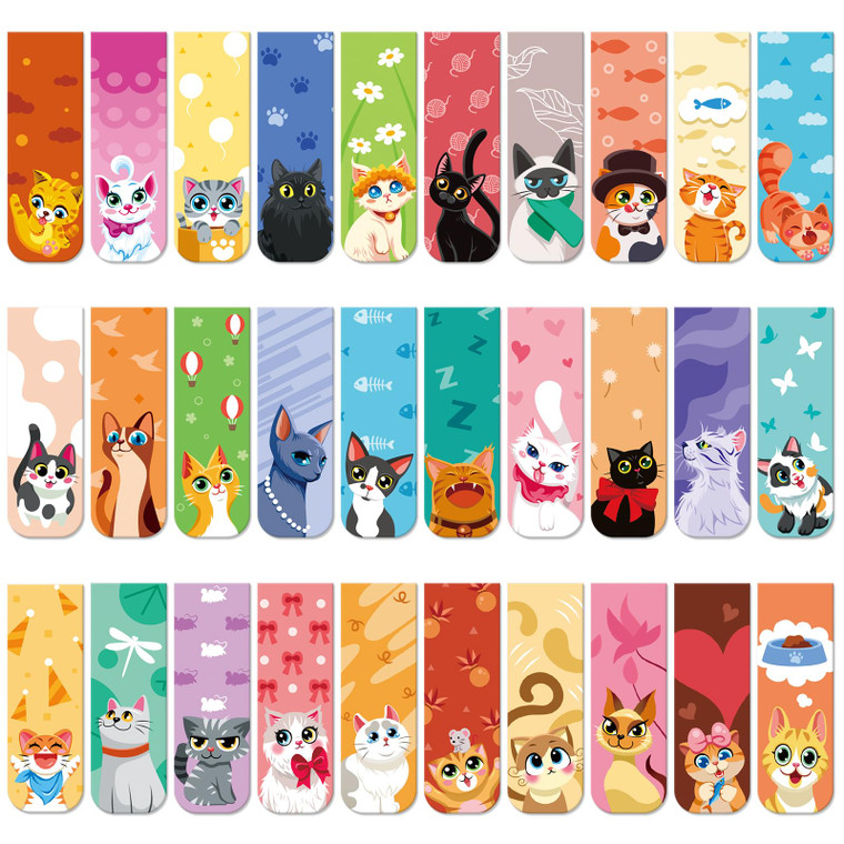 MWOOT 30 Pcs Cute Cats Magnetic Bookmarks,Lovely Cats Page Markers for Kids Students Teacher Reading Lover,Pet Magnet Book Marks Page Clips for Schoo