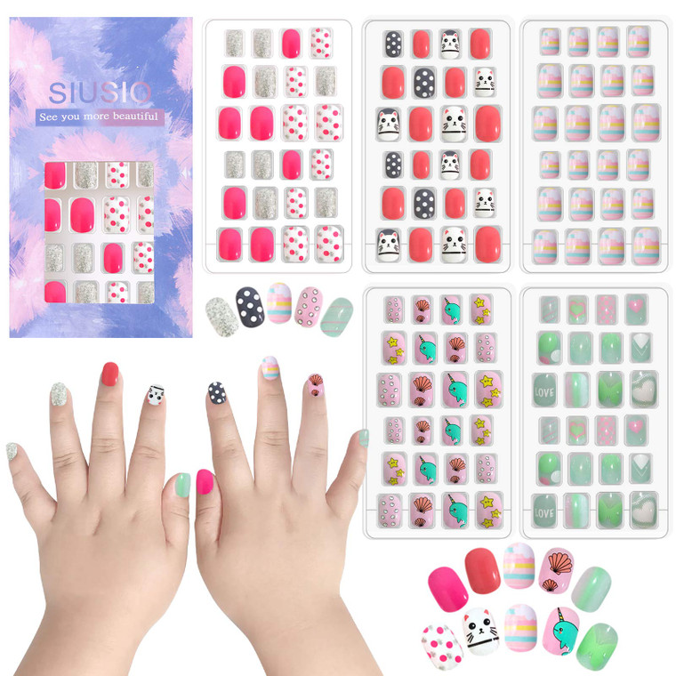 SIUSIO 120 Pcs 5 Pack Children Acrylic Fake Nails Press on Pre-glue Full Cover Glitter Gradient Color Rainbow Short False Nail Art Kits Set Stick on