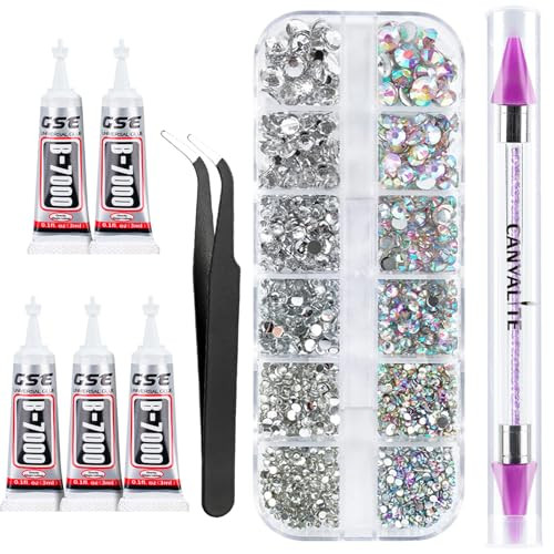 Canvalite 3348PCS Rhinestones Crystal AB Rhinestones for Nail with 5Pcs 3ml B7000 Jewelry Glue and Pick Up Tweezers and Nail Rhinestone Picker, Nail