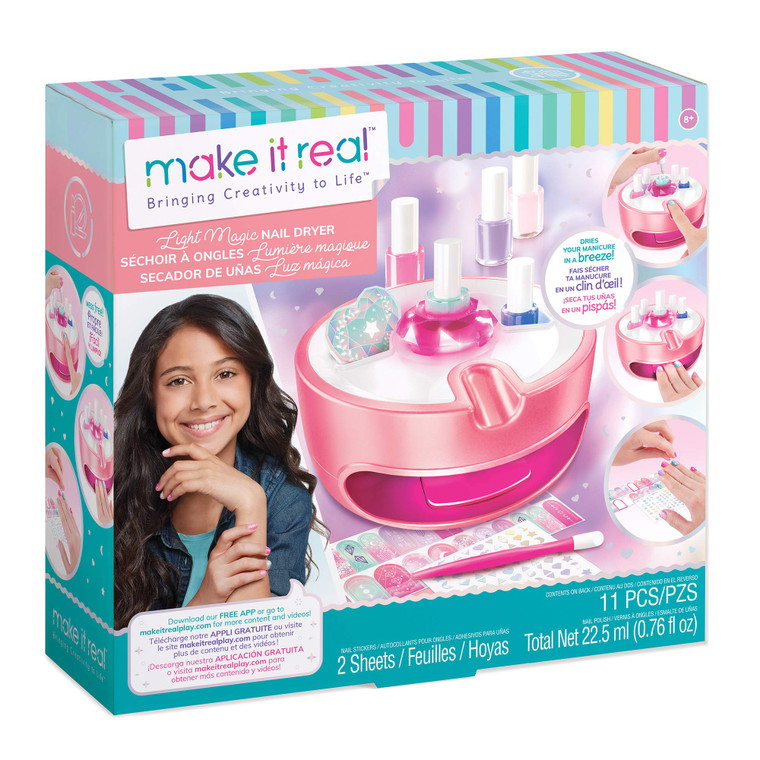 Light Magic Nail Dryer & Polish Set for Girls & Teens - 5 Vibrant Nail Colors, Art Stickers, Nail File, Cuticle Pusher & Dryer - Water-Based, Non-Tox
