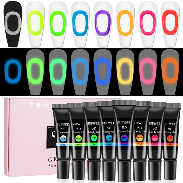 SUPWEE Glow in The Dark 3D Sculpting Gel for Nail Art 8 Colors Carving Painting Drawing Nail molding Gel Home Manicure DIY Nail Salon Kit