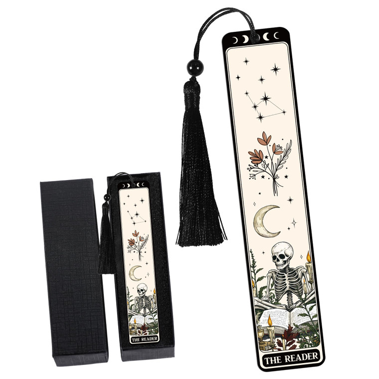 Gothic Skull Bookmark Gifts: Skeleton Romance Metal Book Marks for Reading Women, Horror Page Marker Clips with Tassel, Bookish Gift with Box for Rea