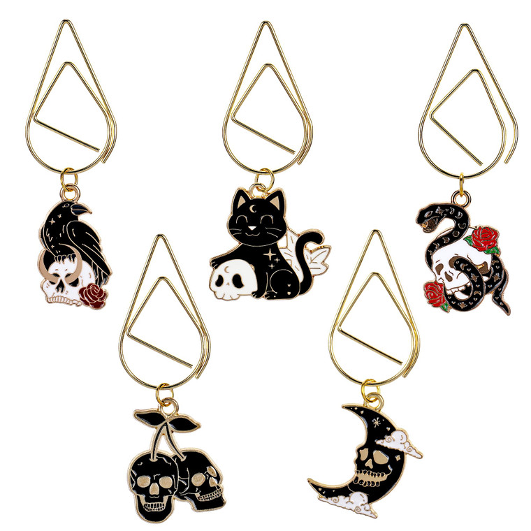 Berirexrion Horror Gothic Skeleton Bookmark - 5 PCs Cool Witchy Crow Paperclips Book Mark Fantasy Spooky Personalized Vintage Metal Bookmarks Reading