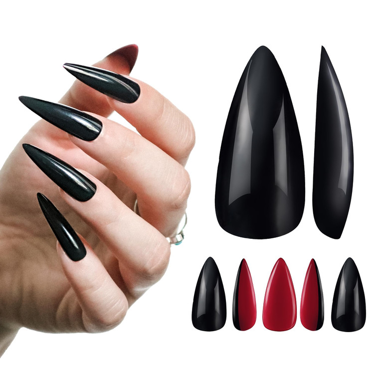 Allkem Press On Nails - Black Red Bottoms Glossy Extra Long Sculpted Stiletto 2 Set Bundle | 10 sizes - 20 pcs Nail kit with Glue