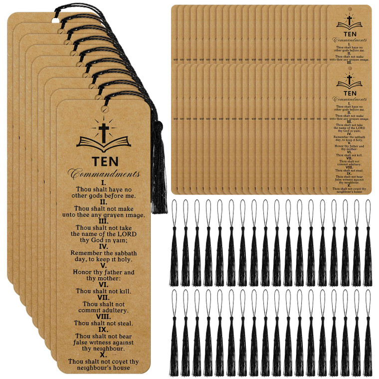 Skyygemm 120 Pcs Ten Commandments Bookmark with Tassel Bible Verse Religious Markers Bulk Christian Retro Kraft Paper Ten Commandments Bookmark Inspi