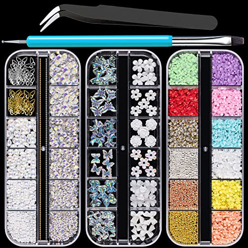 Mixed 3D Nail Art Gem Decoration Accessories Kit #1, Aurora Bear Bow Butterfly Starry AB Rhinestone Charm Jewelry for Deco, Pearl Flower Caviar Bead