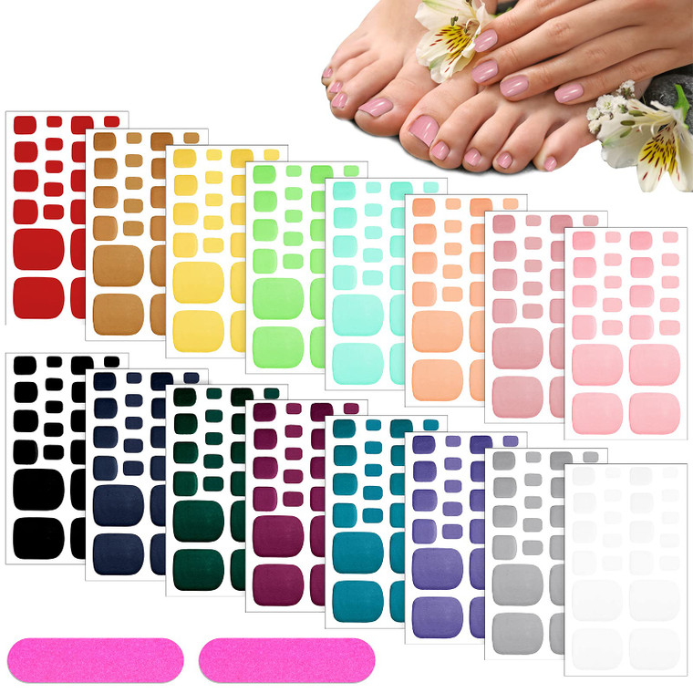 Maitys 352 Pieces 16 Sheets Toenail Polish Stickers Strips Adhesive Toe Nail Wraps Full Wraps Polish Strips DIY Manicure Decal with 2 Pieces Nail Fil