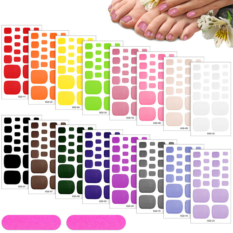 Maitys 352 Pieces 16 Sheets Toenail Polish Stickers Strips Adhesive Toe Nail Wraps Full Wraps Polish Strips DIY Manicure Decal with 2 Pieces Nail Fil