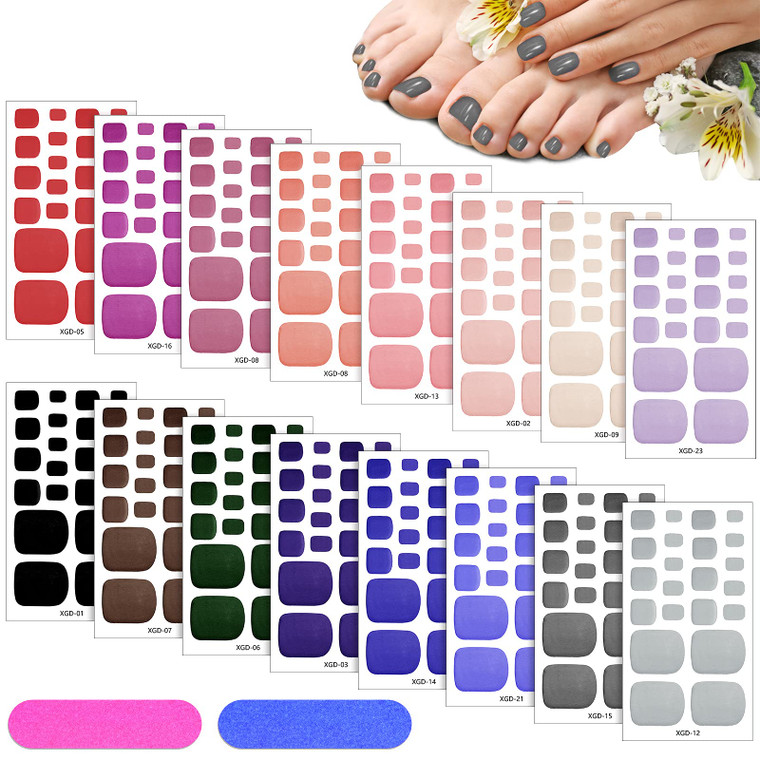 Maitys 352 Pieces 16 Sheets Toenail Polish Stickers Strips Adhesive Toe Nail Wraps Full Wraps Polish Strips DIY Manicure Decal with 2 Pieces Nail Fil
