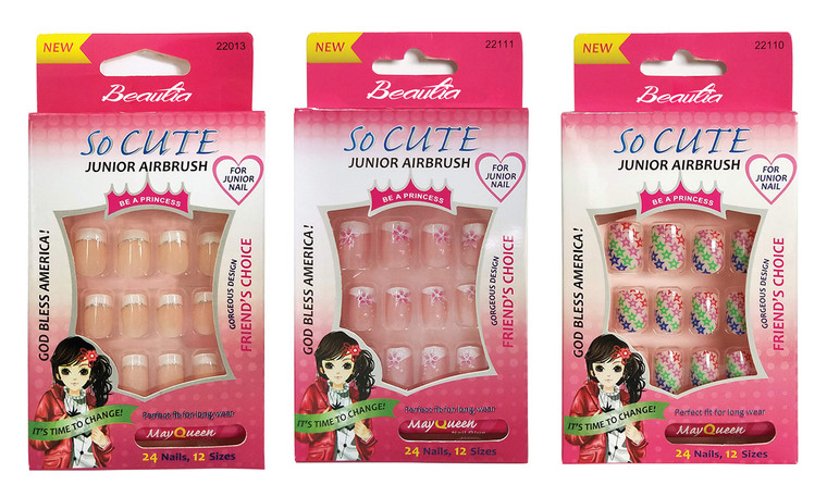 Beautia 3PACK 72tips So Cute Junior False Fake Nails With Glue for Kids