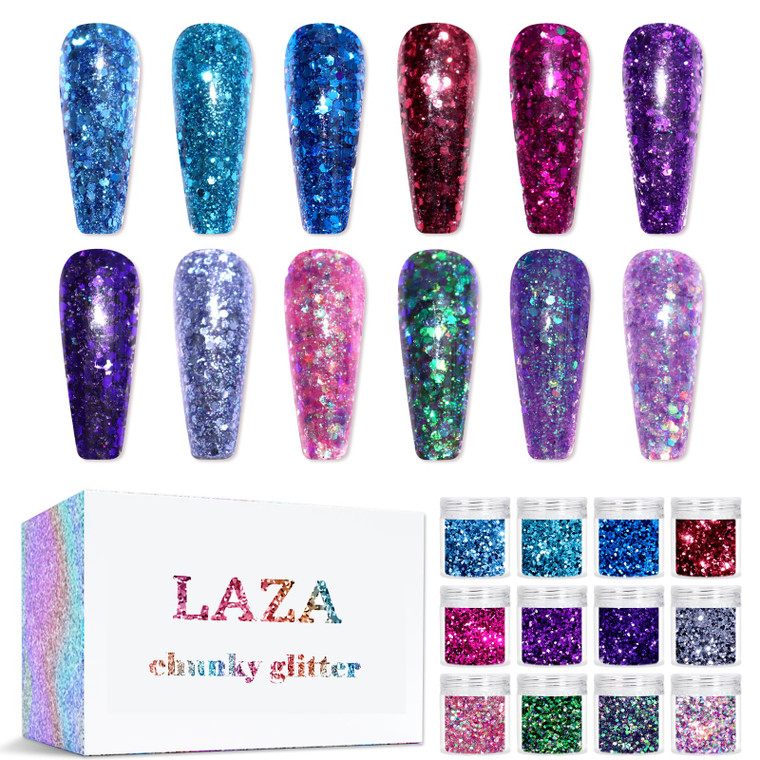 Laza 12 Colors Glitter Nail Art Acrylic Nails Powder Mixed Sequins Iridescent Flakes Ultra-Thin Paillette Sparkles Tips Chunky Box 120g for Face Eyes