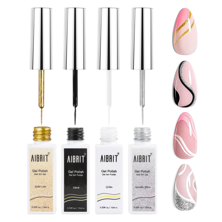 Gel Liner Art Polish Set 10ml, 4 Colors Black White Gold Silver Design Paint with Thin Brush in Bottle for Swirl/ Euphoria French Tips Manicure Paint