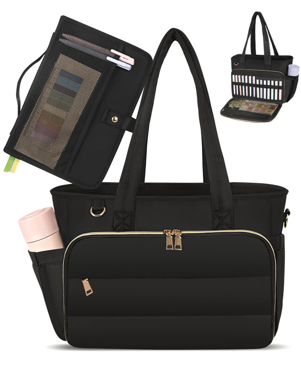 VAYOQON Puffer Tote Bag for Women, Large Quilted Handbag with Laptop Compartments, Work, College, Church & Bible Bag (Black)