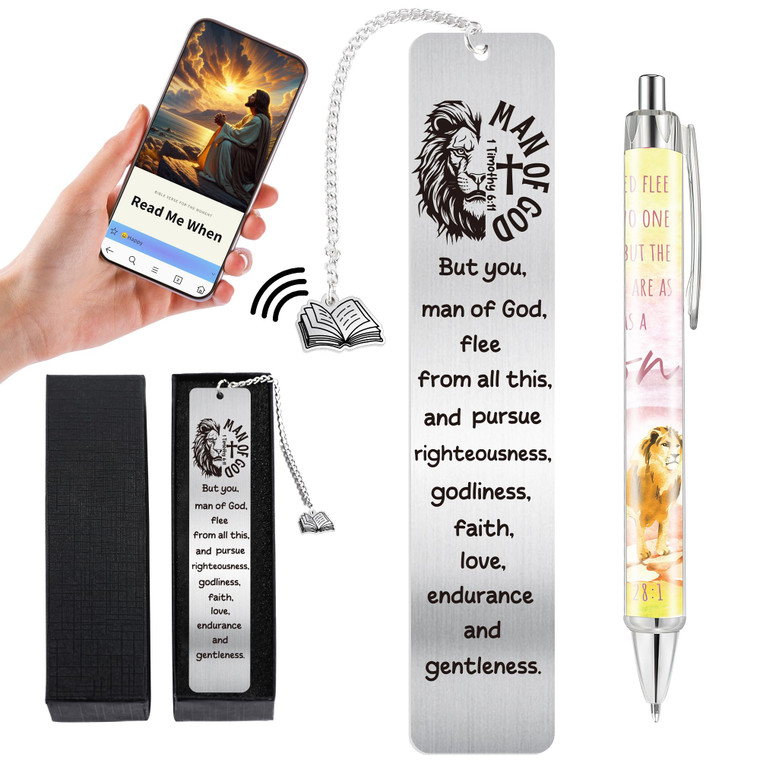 Christian Man of God Bible Bookmark with NFC, Metal Inspirational Faith Book Mark and Pen Set, Religious Book Marker for Reading Men, Catholic Gifts