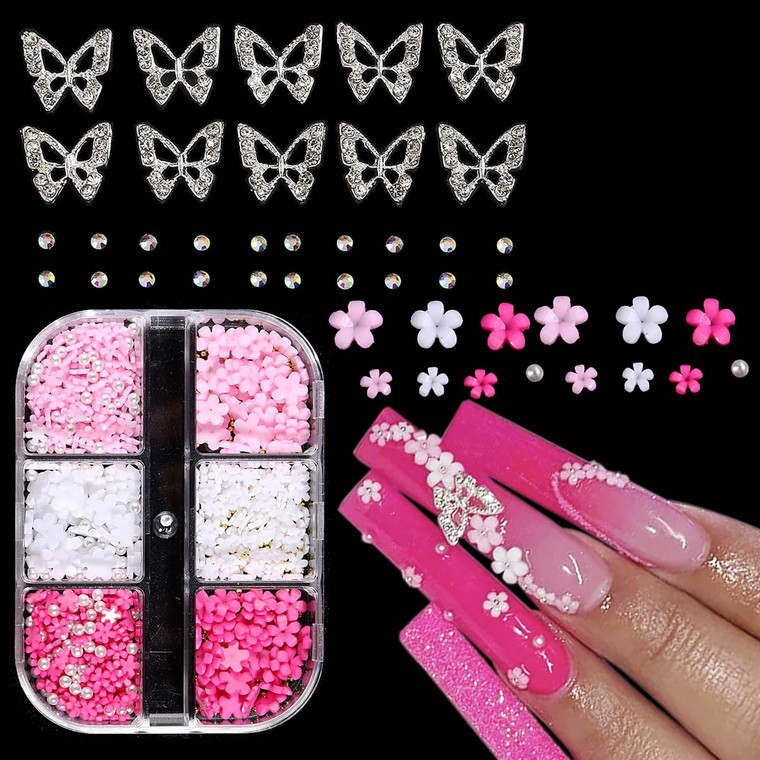 3D Flowers for Nails, 3D Flowers Nail Charms, Metal Butterfly Nail Charms with Nail Gems, Pink White Acrylic Flowers for Nail Decoration, Y2K Nail Ar