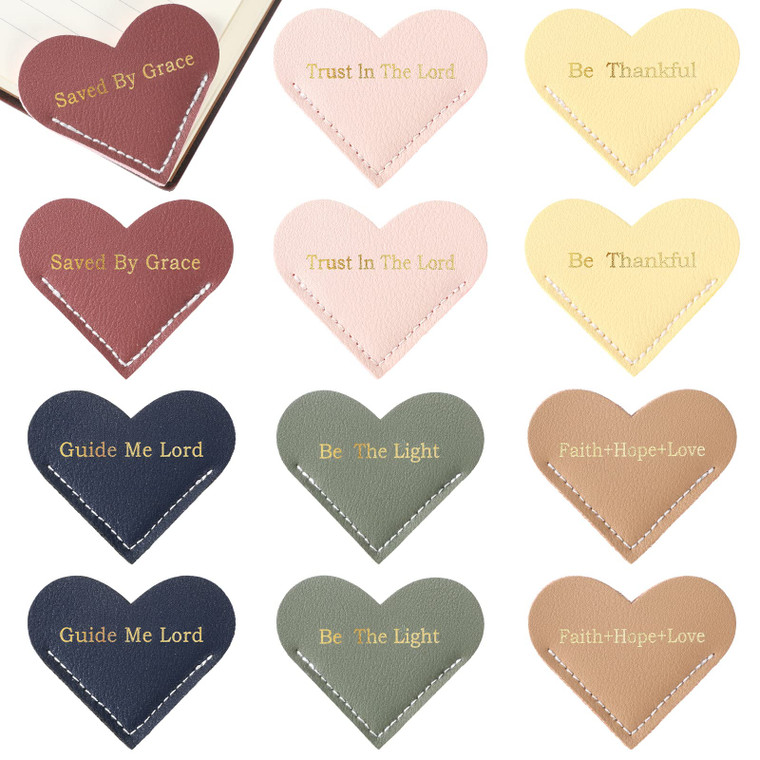 Kosiz 12 Pieces Christian Bible Verse Leather Heart Bookmark Bulk Cute Heart Page Corner Bookmark for Book Lovers Reading Accessories for Mother Wome