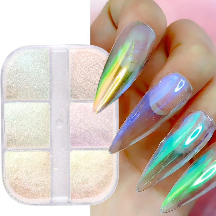 Aurora Nail Art Powder, Holographic Fine Nail Powder Design, Iridescent Nail Dust Pigment for Nail Art Gel Polish, Women Girls Manicure Glitter Decor