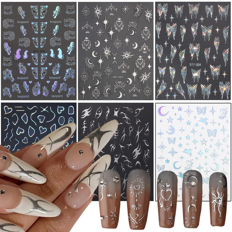 Silver Nail Art Stickers, Leopard Butterfly Sun Moon Stars Heart Line Nail Self-Adhesive Sticker Design, 3D Silver Nail Transfer Decals for Women Gir