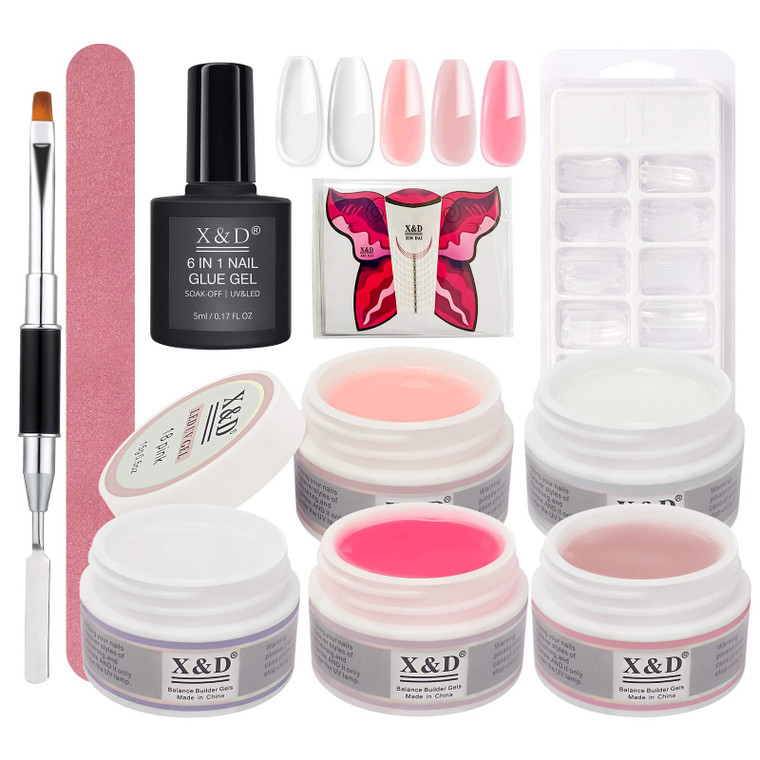 X&D Poly Gel Nail Kit 5 Colors Natural Clear Poly Nail Gel Kit Nail Extension Builder Nail Gel with Nail Glue Gel,Dual Forms, Nail Forms, Brush, File