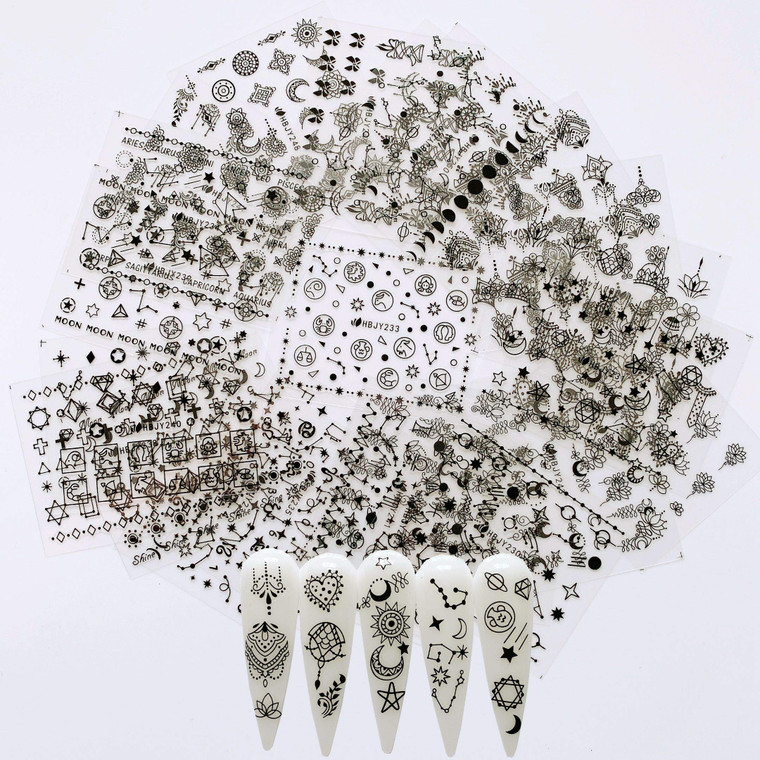 NAIL ANGEL 24 Sheets Nail Art Black Sticker Moon and Star Universal Flower Shapes Different Patterns Mix Sticker Sheets 10056