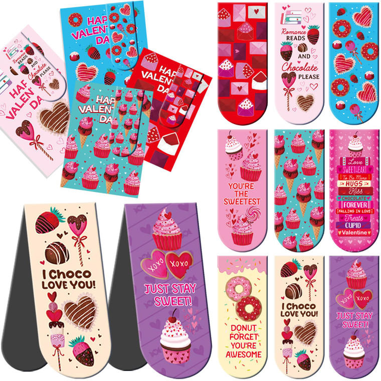 WorldBazaar 36 Sets Valentine's Day Magnetic Bookmarks for Kids with Cards Valentine Sweet Dessert Bookmarks Cards Exchange Gift for School Classroom