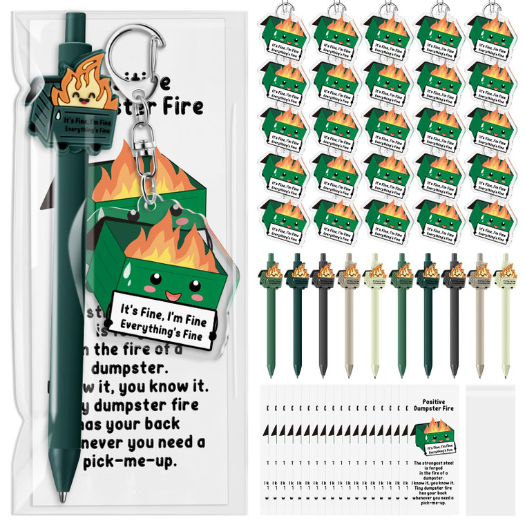 Sayglossy 50 Sets Dumpster Fire Pen Gifts for Coworker Positive Funny Pens Dumpster Fire Desk Accessories Acrylic Keychains Bookmarks Support Gifts f