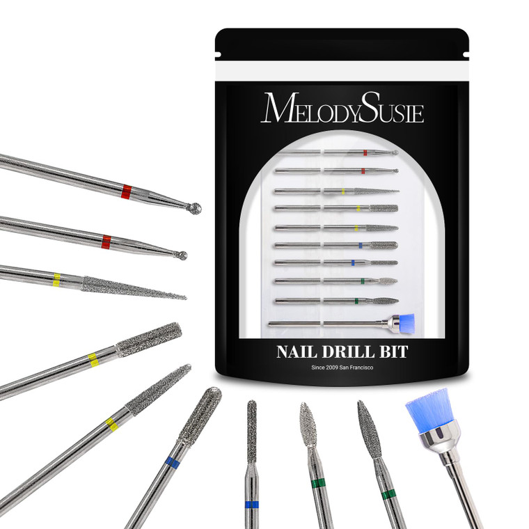 MelodySusie 10pcs Nail Drill Bits Set, 3/32 Inch Diamond Cuticle Nail Bits Kit for Nail Drill E-File, Manicure Pedicure Remover Tools for Acrylic Gel