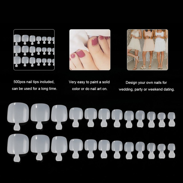 YIMART 500Pcs Fake Toenail Tips Set Nail Art Toe Decoration Full Cover False Toe Nail Tips for DIY Salon Foot Manicure Sticker Tools (Natural)