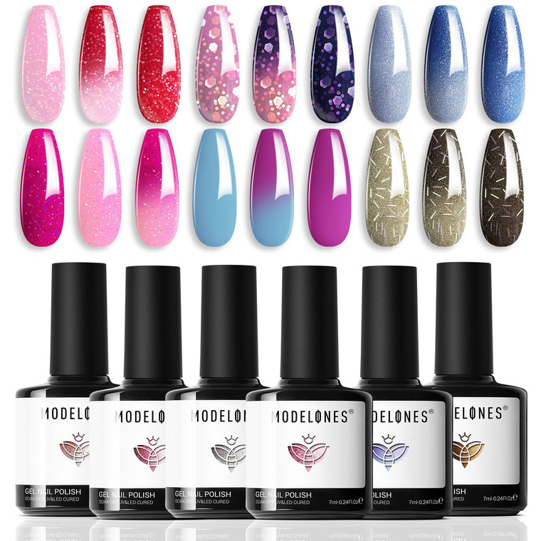 MODELONES Mood Gel Nail Polish Set Temperature Color Changing Gel Colors Collection Red Blue Glitter Gel Polish Soak Off 6 Colors Christmas Gifts New