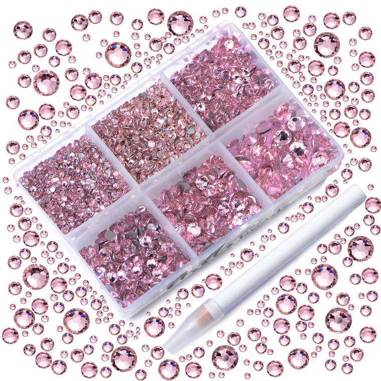 AD Beads 4300 Pieces Flat Back Nail Art Rhinestones Round Beads 6 Sizes (2-6.5mm) with Storage Organizer Box,Rhinestones Picking Pen for Nail Art Pho