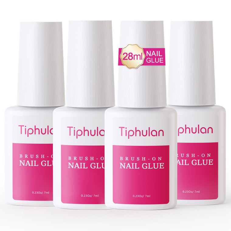 TIPHULAN 28ml Brush On Nail Glue for Press On, Acrylic Nails - Super Strong, Durable & Long-Lasting, Mess Free, Travel Friendly, 0.92 oz(4PCS)