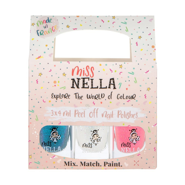 MISS NELLA PARTY COLLECTION 3-3 peel off, odour free, water base glitter nail polishes Pack- Blue The Candles (blue), Confetti Clouds (clear) & Marsh