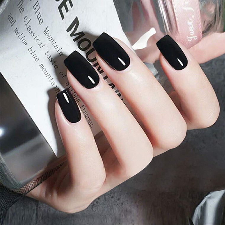 Gangel Black False Nails Square Fake Nails Medium Glossy Acrylic Full Cover Simple Press on Nails(24 pcs)