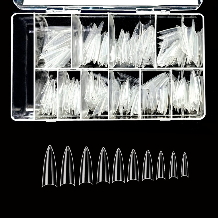 VIVACE Clear Stiletto 500 Acrylic False Fake Gel Nail Tips With Clear Plastic Case 27512 For Nail Salon Nail Shop (Clear Stiletto)