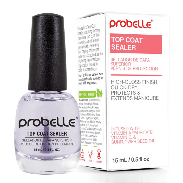 Probelle Top Coat Sealer, Quick Dry Nail Polish Top Coat, High Shine Glossy Nail Finish, Instantly Forms Clear Barrier For Enamel Protection, Fast Dr