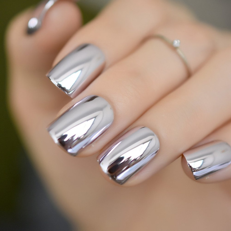 Coolnail Shiny Punk Style Metallic Light Purple False Fake Nails Metal Plating Acrylic Short Reflective Mirror Press on Nail Art Tips