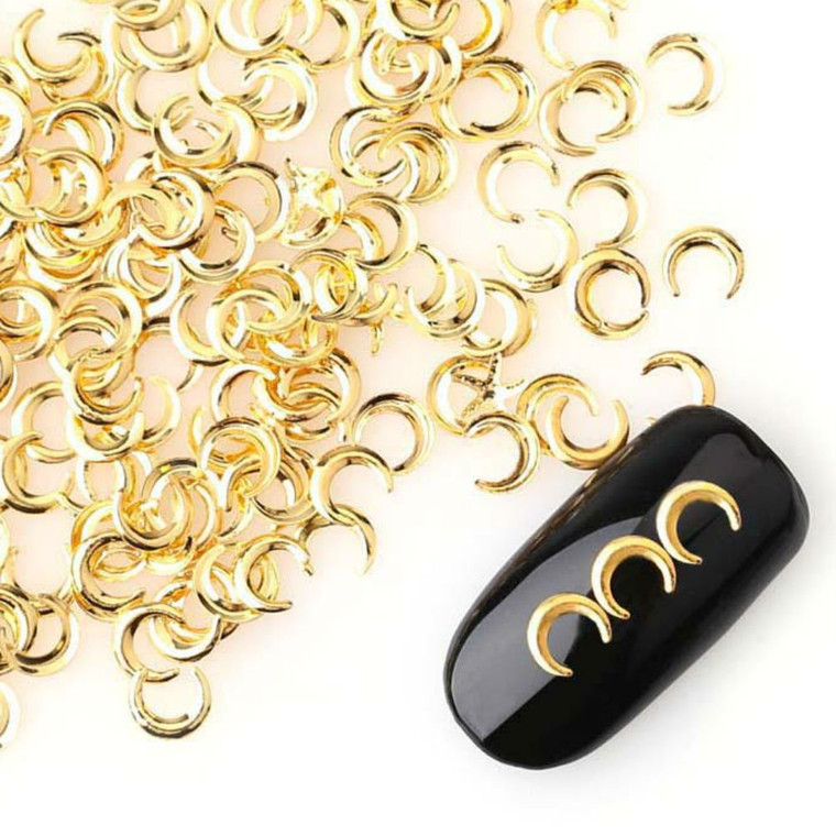 AKOAK 100 Count/Pack 3D Glitter Charm Nail Art Decoration Studs Japanese Rivet Style Mini Gold Alloy Moon Design Nail Supplies