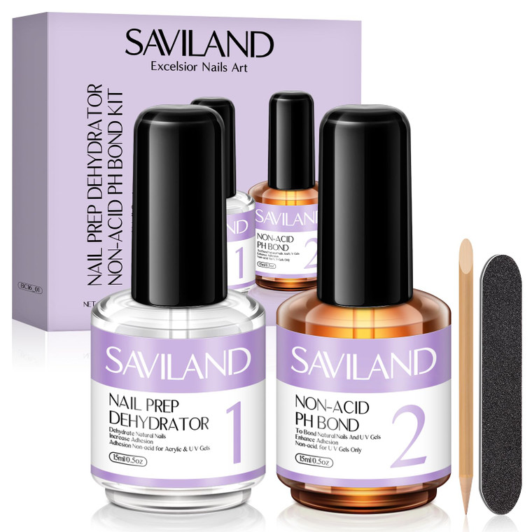 SAVILAND Nail Dehydrator and Primer: Acid-Free Natural Nail Dehydrator and Nail Primer & Protein Bonding Acrylic Nail Kit Gel Nail Polish Superior Bo
