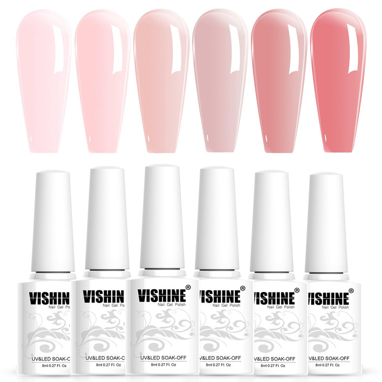 Vishine Nude Gel Polish Kit, Sheer Milky Pink Jelly Transparent Nail Polish UV LED Gel Nail Polish Varnish Nail Art DIY Saon 6Pcs 8ML