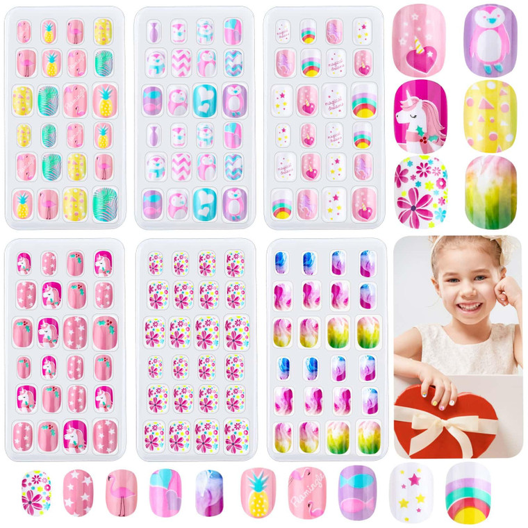 144 Pieces Press on Nails Grils, Thrilez Children Fake Artificial False Nail Tips Pre Glue Full Cover Short Acrylic Nails for Girls Kids Nail Art Dec