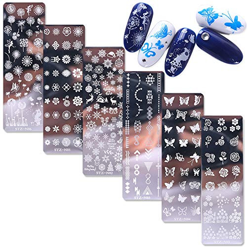 WOKOTO 6Pcs Nail Polish Stamping Plates Kit Flower Butterfly Rose Snowflake Image Templates Stamping Plates for Christmas Manicure DIY Tools