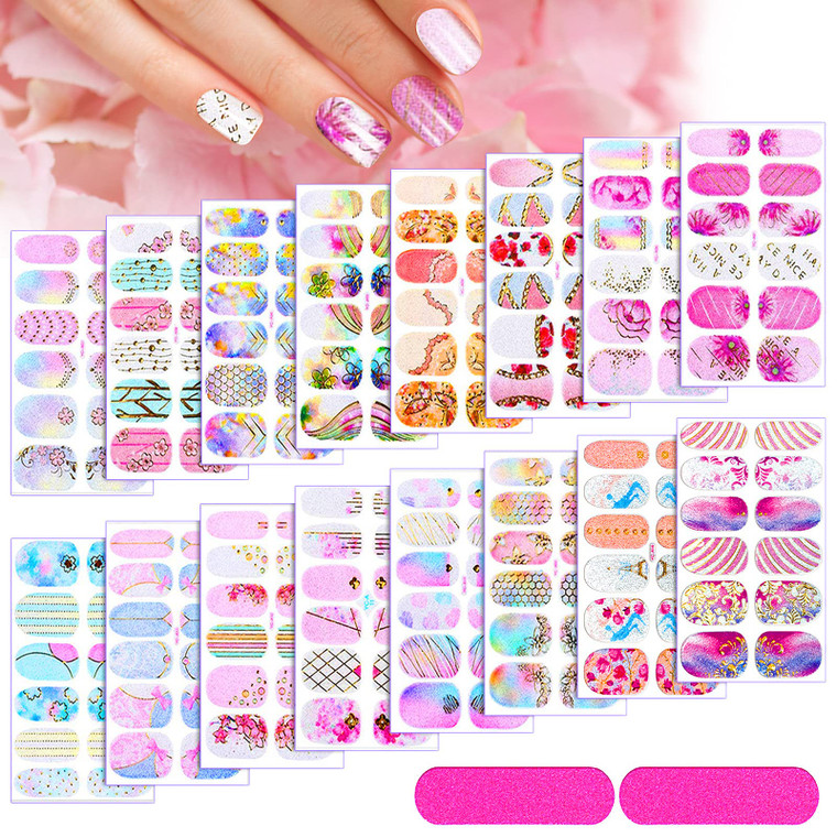 14 Sheets Full Wrap Gradient Nail Polish Stickers Self-Adhesive Nail Design Decal Strips Manicure Decoration Kit with Nail File for Women Girls DIY S