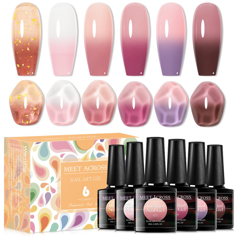 MEET ACROSS Jelly Pink Color Changing Gel Nail Polish Translucent Nude Pink Mood Temperature Change Gel Polish Set White Pink Red Purple Amber Gold F
