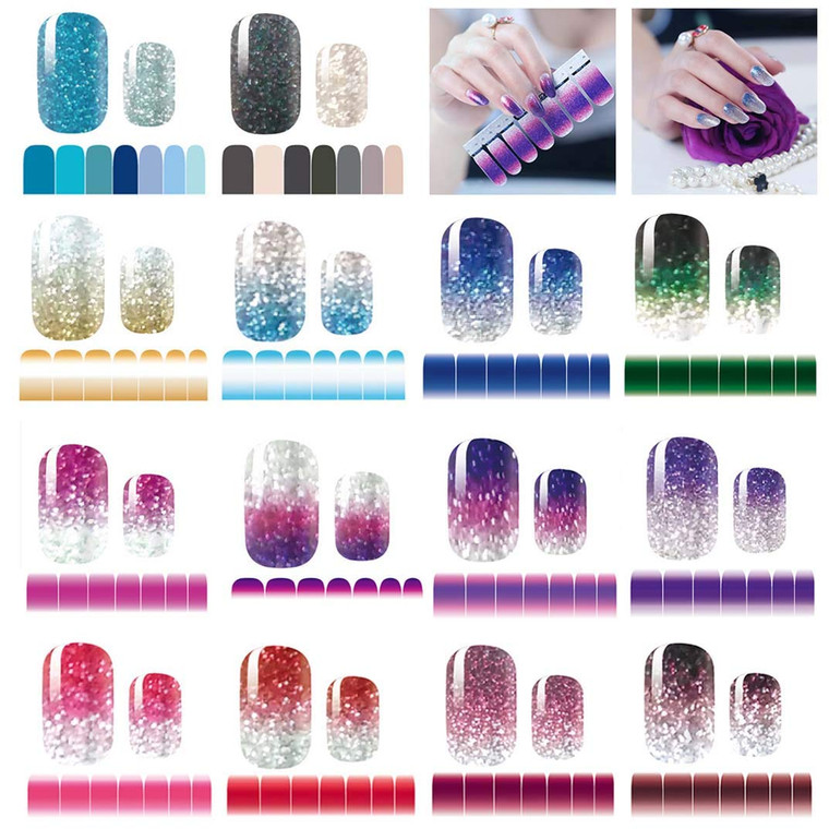 14 Sheets Nail Stickers Glitter Gradient Color Shine Full Wraps Polish Stickers Decal Strips Self-Ashesive Nail Art Sets for Women Girls