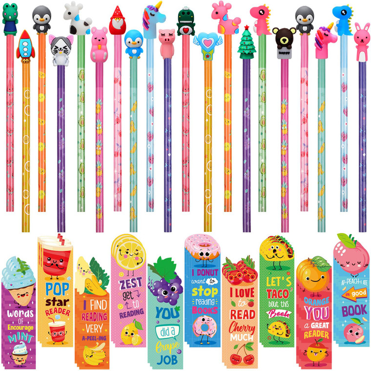 Teling 80 Pcs Scented Bookmarks and Smelly Pencils with Cute Toppers Set Fun Pencils Fruit Food Theme Scratch and Sniff Bookmarks Cartoon Pen Toppers