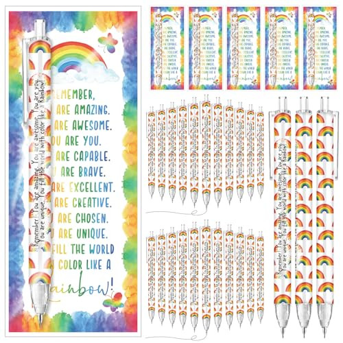 AmazingSpark 100 Set Inspirational 0.7 mm Rainbow Retractable Pencil Gifts for Students from Teacher Encouragement Affirmation Bookmark Cards Opp Bag