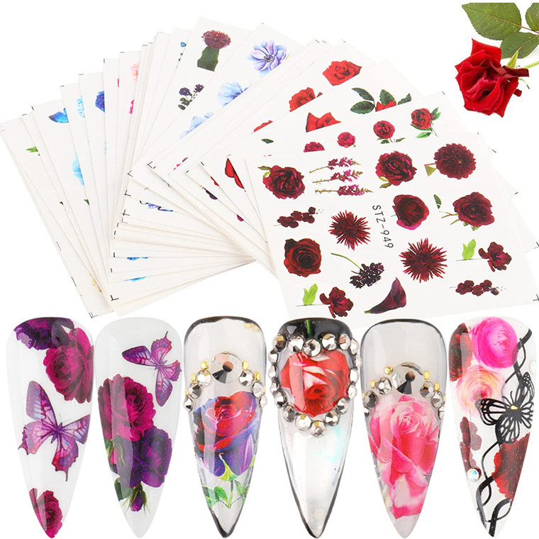 24 Sheets Flowers Nail Art Stickers Water Transfer Decals Floral Butterfly Rose Nail Art Design Nails Supplies for Women Girls Manicure Tips Decorati