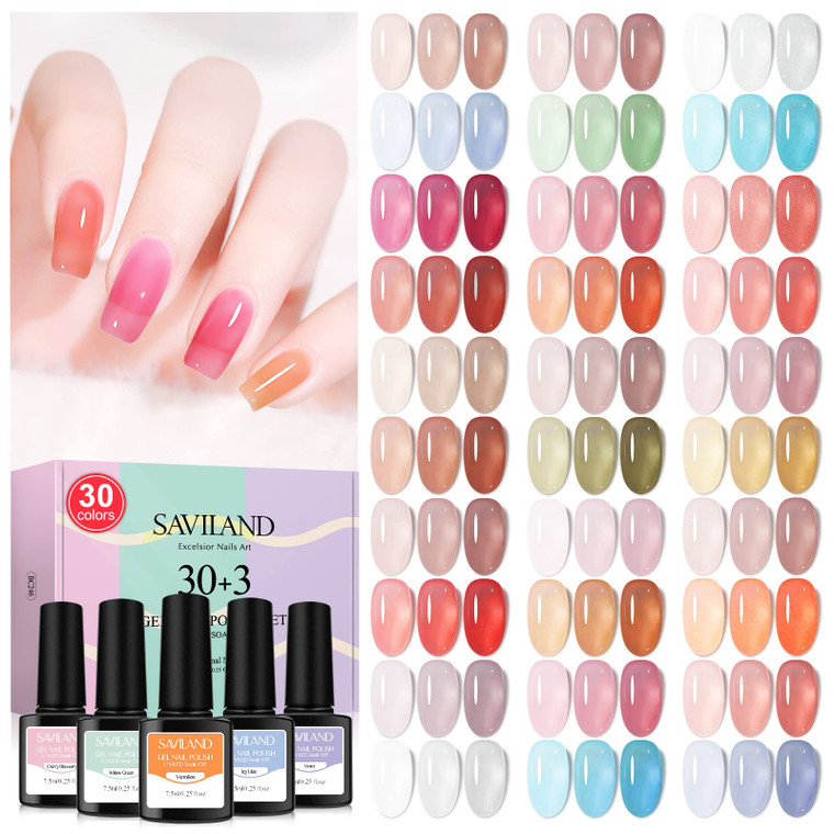 SAVILAND Jelly Gel Nail Polish Set, 30 Colors Translucent Nude Pink Transparent Nail Polish Set with 180 Sheer/Matte/Glossy Effects for Nail Salon DI