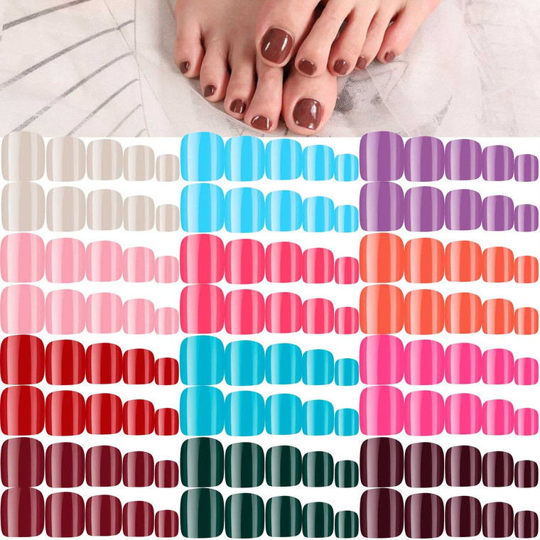 288 Pieces 12 Sets Short False Toe Nails Short Square Artificial Nail Tips Press on Glossy Toe Nails Solid Color Full Cover Square Fake Nails for Nai